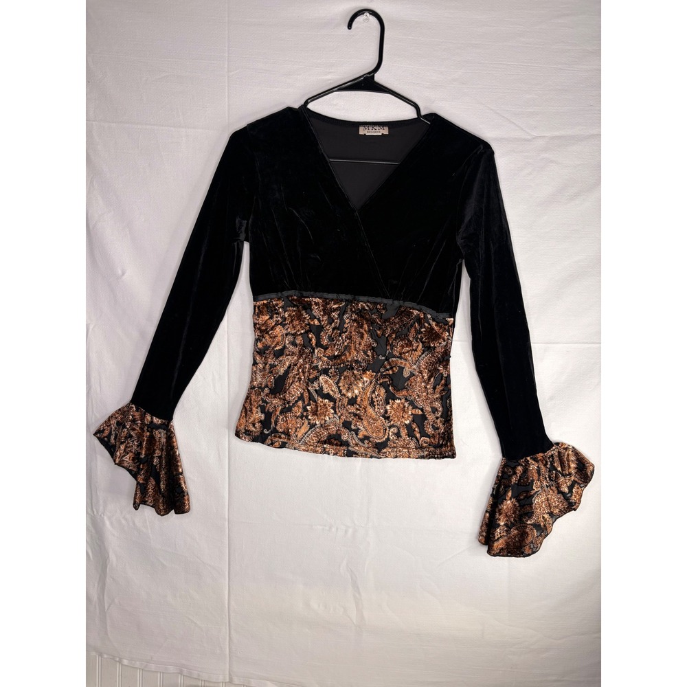 MKM Designs Black Velvet Paisley Burnout Bell Sleeve V-Neck Top Small USA Made